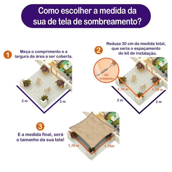 Imagem de Tela Toldo Sombreamento Decorativo Cor Areia Cobertura Retangular 3x2 Metros + Kit Instalação