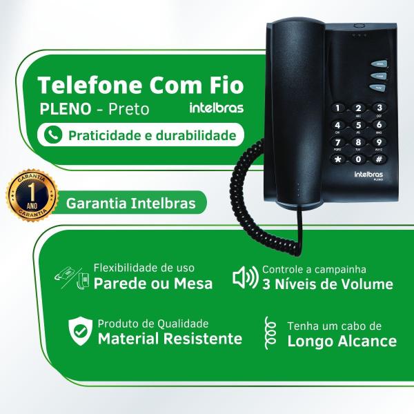 Imagem de Telefone Fixo Com Fio Intelbras Pleno Sem Chave Preto