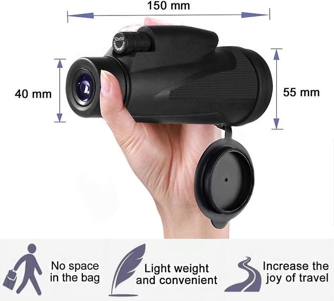 Imagem de Telescópio de celular do telescópio monocular 12X50 HD com tripé portador de celular - Portátil, impermeável, Telescópio Livre de Neblina Monocular, para escalar observação de pássaros de caça de caminhadas,(preto)