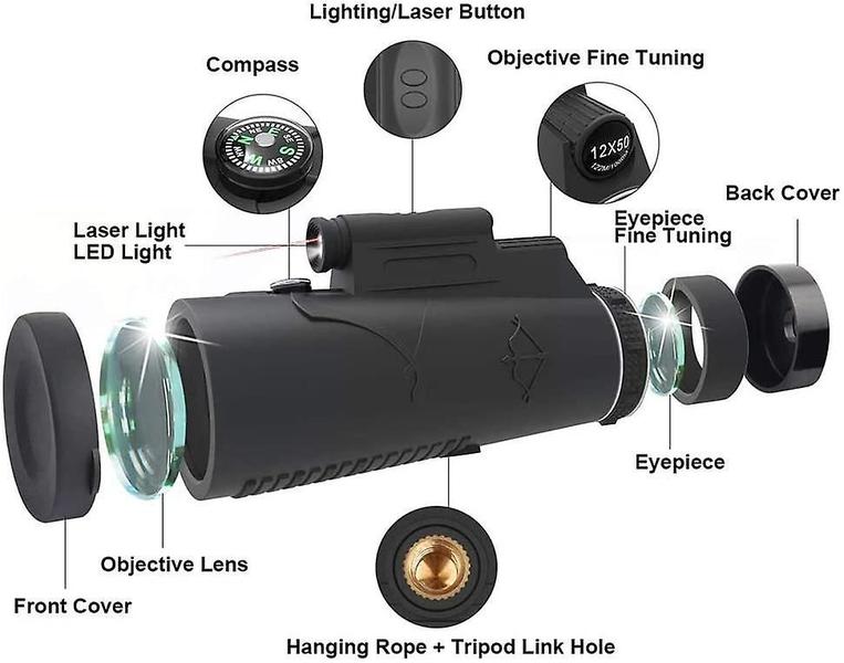 Imagem de Telescópio monocular 12x50 HD com lanterna vermelha LED de v