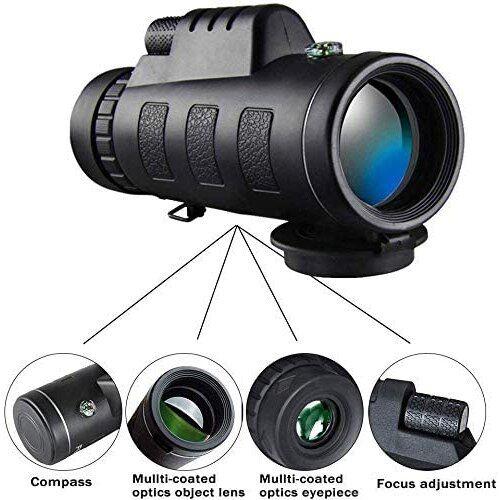 Imagem de Telescópio Monocular, 40X60 High Power HD Monocular com Porta-Smartphones &amp Tripé Monocular Impermeável com Prisma BAK4 Durável e Claro para Pássaro (Preto)