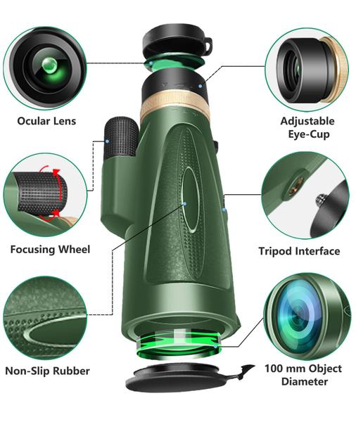 Imagem de Telescópio monocular 80x100 HD para adultos Monóculos de visão ampliada Monocular de smartphone de alta potência para observação de pássaros, caça, caminhada, acampamento, vida selvagem