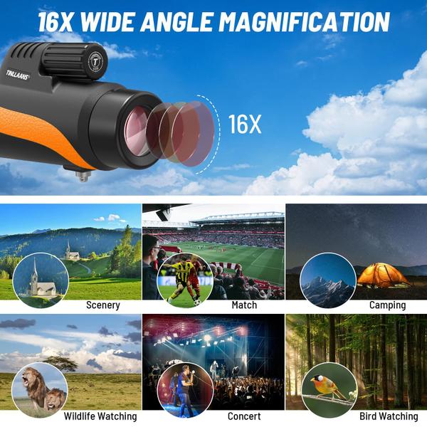 Imagem de Telescópio monocular Tinllaans 16x56mm HD com suporte de telefone e tripé