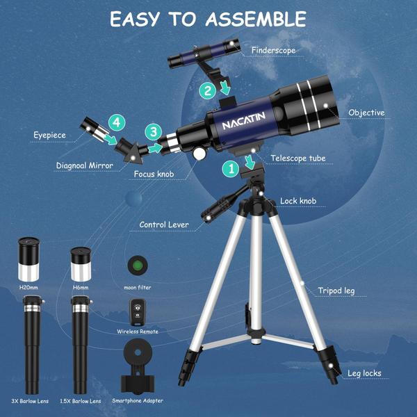 Imagem de Telescópio NACATIN 70mm de abertura (15X-150X) para adultos e crianças