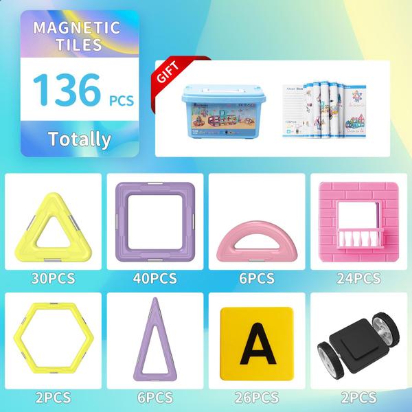 Telhas magnéticas, blocos de construção, brinquedos, TOKBLOK, 136 peças Imagem de Telhas magnéticas, blocos de construção, brinquedos, TOKBLOK, 136 peças