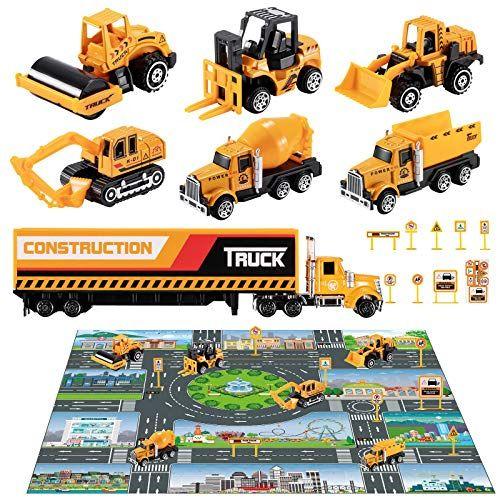 Imagem de TEMI Diecast Engenharia Construção Veículo Conjunto de Brinquedos c/ Play Mat, Transportador de Caminhões, Empilhadeira, Trator, Rolo Rodoviário, Escavadeira, Caminhão de Lixo, Trator, Liga Metálica Carro Play Set para Crianças, Meninos e Meninas