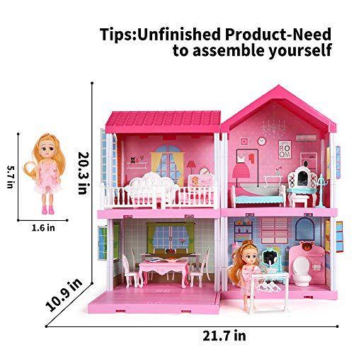 Imagem de TEMI Dollhouse Dreamhouse Girls Pretend Toys - Figura de boneca com móveis, acessórios, escadas, animais de estimação e bonecas, DIY Cottage Pretend Play Doll House, para crianças, meninos e meninas (4 quartos)