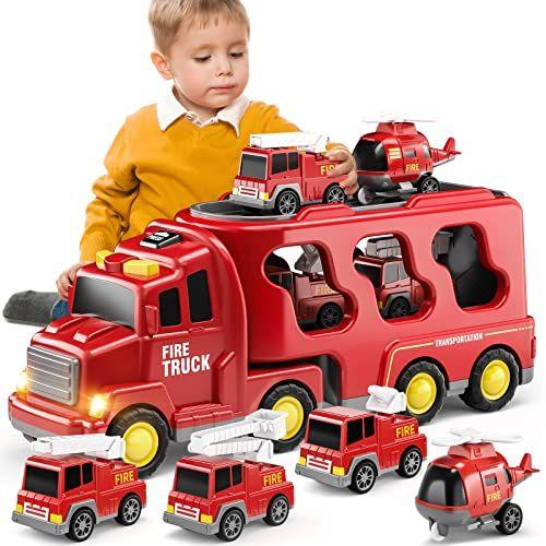 Imagem de TEMI Toddler Fire Toys para 3 4 5 6 Anos Meninos Meninas - 5 em 1 Carrier Truck Carros de Transporte para Crianças 1-3, Veículos de Poder de Atrito para Crianças 3-5, Presentes de Natal para Meninos Meninas Idade 3-9