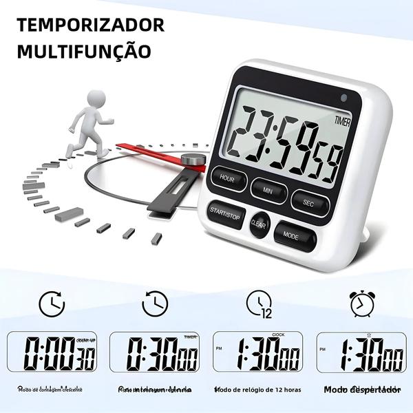 Imagem de Temporizador de Cozinha Digital LCD - Alarme Silencioso e Alto - Relógio 24 Horas