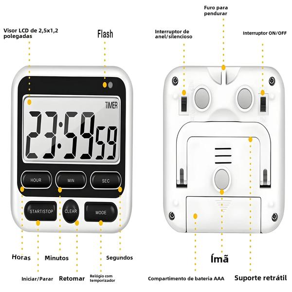 Imagem de Temporizador de Cozinha Digital LCD - Alarme Silencioso e Alto - Relógio 24 Horas