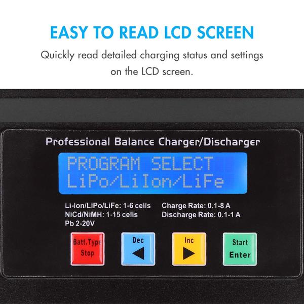 Imagem de Tenergy TB6AC+80W Balance Charger Discharger, 1S-6S Intelligent Digital Battery Pack Charger para NiMH/NiCd/Li-Po/Li-Fe Packs, LCD RC Battery Charger w/ Tamiya/JST/EC3/HiTec/Deans Connectors