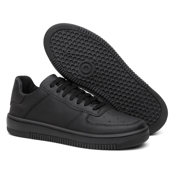 Imagem de Tenis Air Couro Eco Leve Preto Branco Force Kit Com Relógio