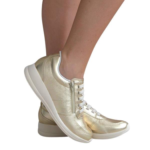 Imagem de Tênis Casual Feminino Slipon Casual Couro Aj1202 Dourado