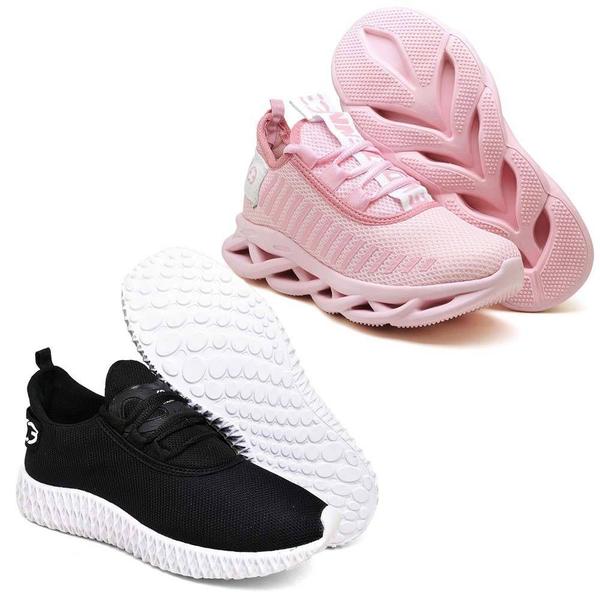 Imagem de Tênis Feminino Esportivo Caminhada 2 Pares Modelos Diferentes Rosa/Preto