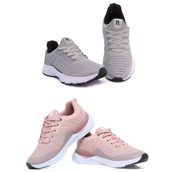 Imagem de Tênis Feminino Esportivo Caminhada Corrida Confortável Kit Cinza/Rosa 34