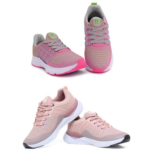 Imagem de Tênis Feminino Esportivo Caminhada Corrida Confortável Kit Cinza/Rosa 36