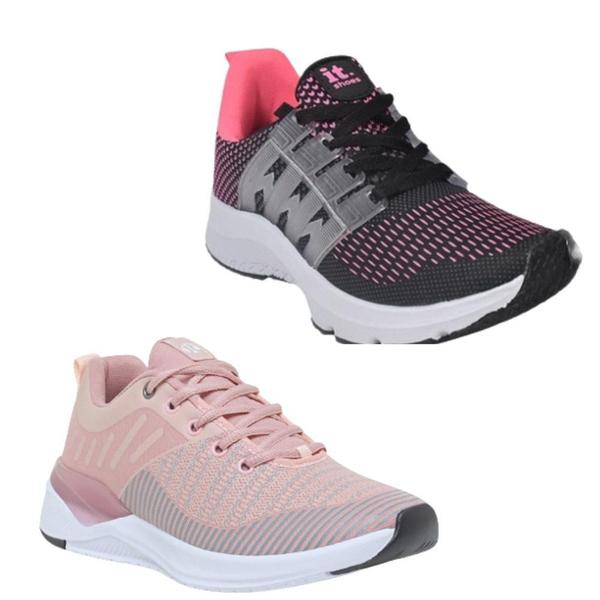 Imagem de Tênis Feminino Esportivo Caminhada Corrida Confortável Kit Cinza/Rosa 36