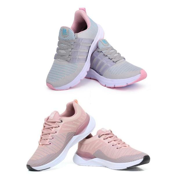 Imagem de Tênis Feminino Esportivo Caminhada Corrida Confortável Kit Rosa/Cinza 39