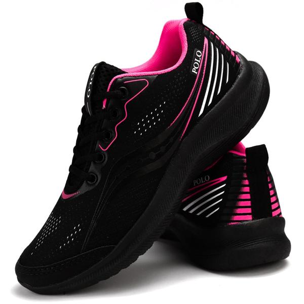 Imagem de Tênis Feminino Polo Running Preto Pink Para Caminhada Academia.