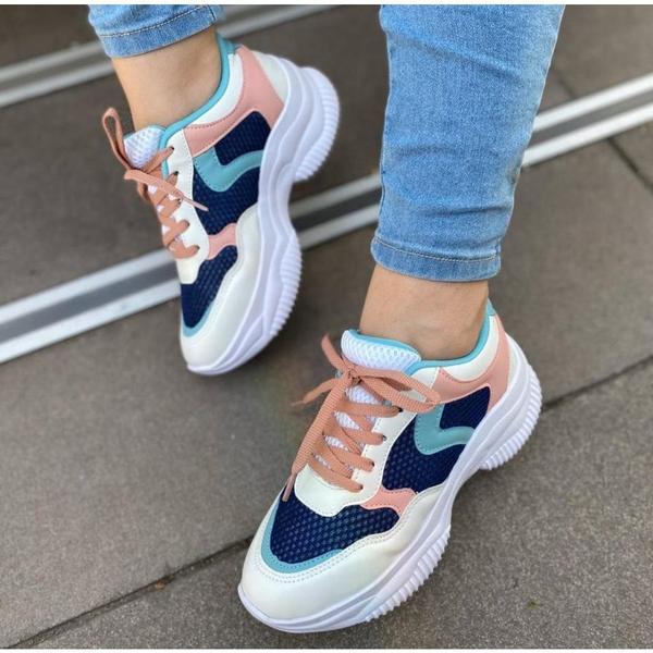 Imagem de Tênis Feminino Sneaker Flatform Academia Leve Branco e Colorido 