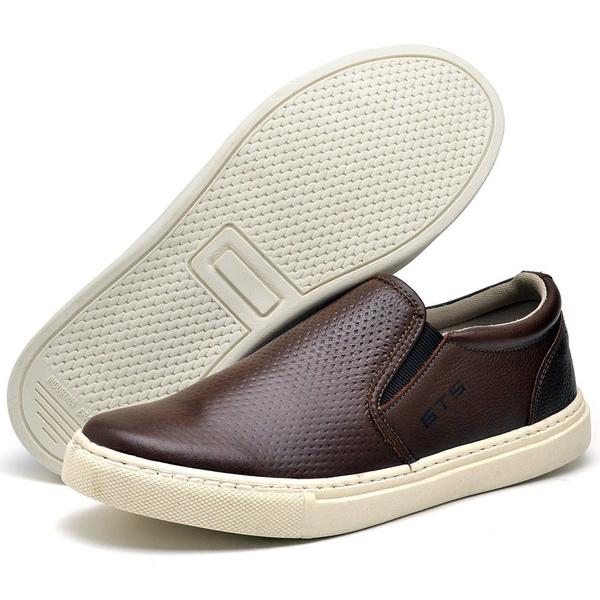 Imagem de Tênis Iate Casual Slip On Couro Masculino Solado Flat Emborrachado Flexível Confortável