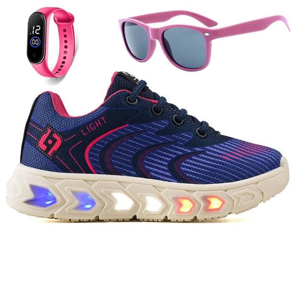 Imagem de Tenis Infantil De Led Feminino Meninas Escolar Casual Calce Facil Basico + Oculos Relogio