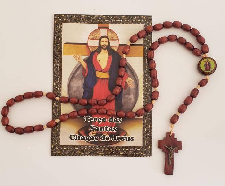 Imagem de Terço em Madeira das Santas Chagas de Jesus - 42 cm -Acompanha Novena