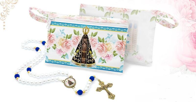 Imagem de Terço Nossa Senhora Aparecida Floral Na Bolsinha Com Ziper