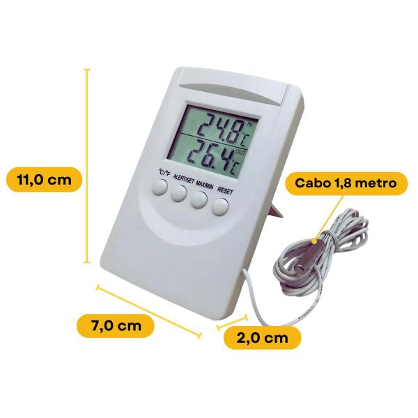 Imagem de Termômetro Digital Temperatura Máxima e Mínima Interno e Externo com Alarme Cabo 1,8 metros e Certificado de Calibração