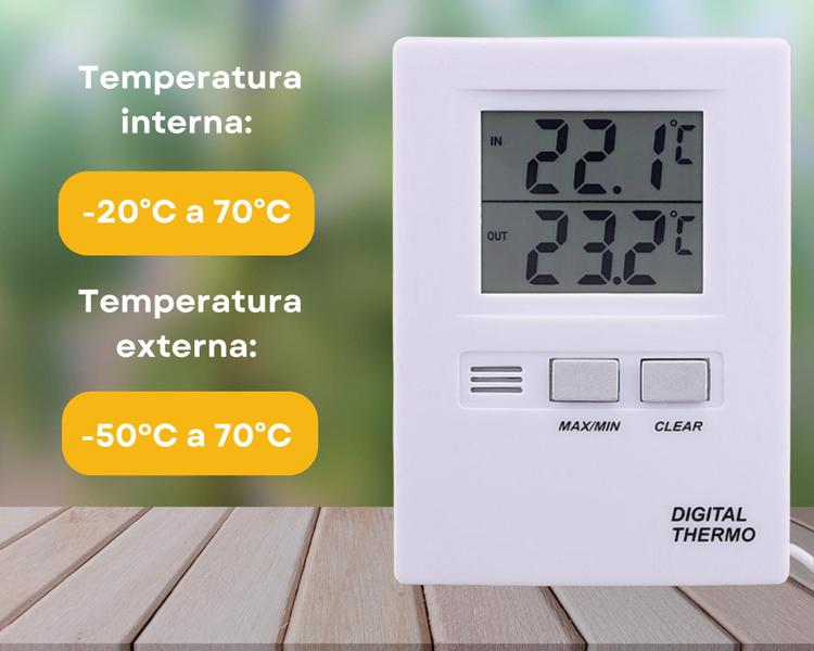 Imagem de Termômetro Digital Temperatura Máxima e Mínima Interno Externo Cabo 1 Metro com Certificado de Calibração