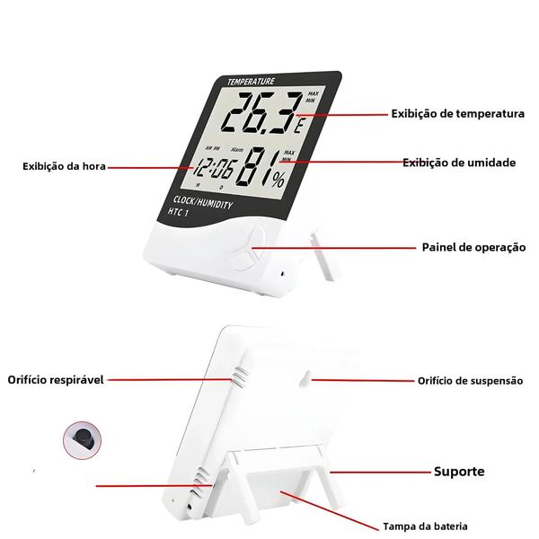 Imagem de Termômetro e Higrômetro Digital HTC-1/HTC-2 com Relógio - Monitor de Temperatura e Umidade Interna/Externa