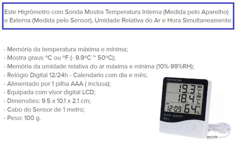 Imagem de Termômetro Umidade Ar Sonda Mede Temperatura data Interna Externa ar condicionado Frigobar Clinica