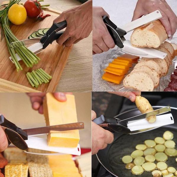 Imagem de Tesoura Culinária Corte Cozinha Fatiadora de Alimentos Legumes 2 em 1 Inox