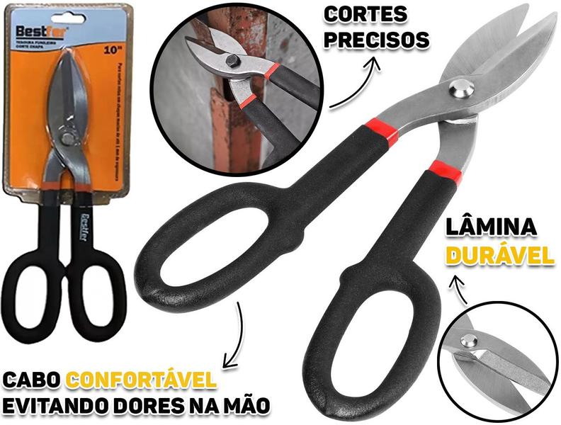 Imagem de Tesoura De Funileiro Artesão P/ Corte De Chapa 10 Polegadas Aço Carbono Cabo Emborrachado