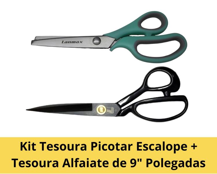 Imagem de Tesoura De Picotar Escalope +tesoura Alfaiate 9 Polegadas Kit Profissional Artesanato Confecção