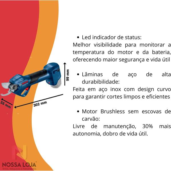 Tesoura de Poda Pro Pruner Brushless 12V 2 bat e maleta Bosch - 000039 Imagem de Tesoura de Poda Pro Pruner Brushless 12V 2 bat e maleta Bosch