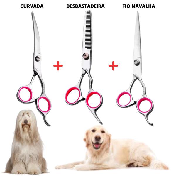 Imagem de Tesoura Kit Desfiadeira Fio Navalha E Curvada Para Petshop