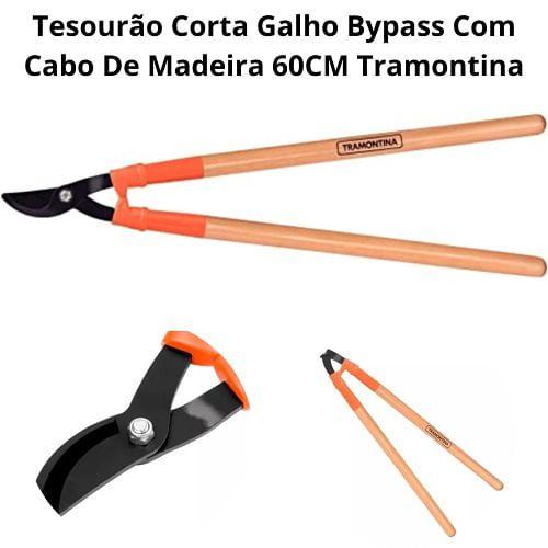 Imagem de Tesourão Corta Galho Bypass Com Cabo De Madeira 60CM Lâmina Aço Carbono Resistente Tramontina