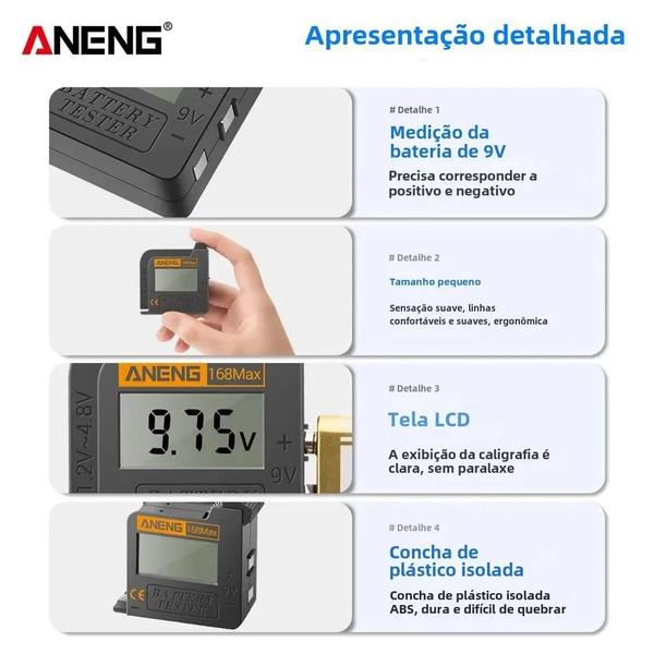 Imagem de Testador de Bateria de Lítio Digital Aneng 168max - Universal, Verifica Capacidade (AAA, AA)