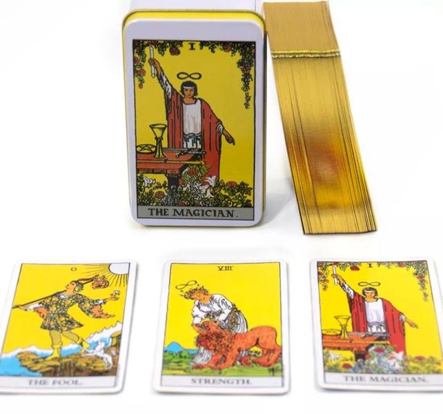 Imagem de The Rider Waite Tarot Deck Em Lata Com Bordas Douradas Tarô Smith Waite Baralho de Cartas de Oráculo