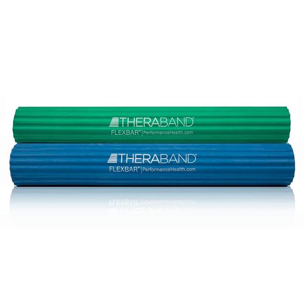 Imagem de THERABAND FlexBar, Barra de terapia de cotovelo de tenista, aliviar a dor da tendinite e melhorar a força de preensão, barra de resistência para golfistas cotovelo e tendinite, médio-pesado, 2- Pack, VERDE / AZUL