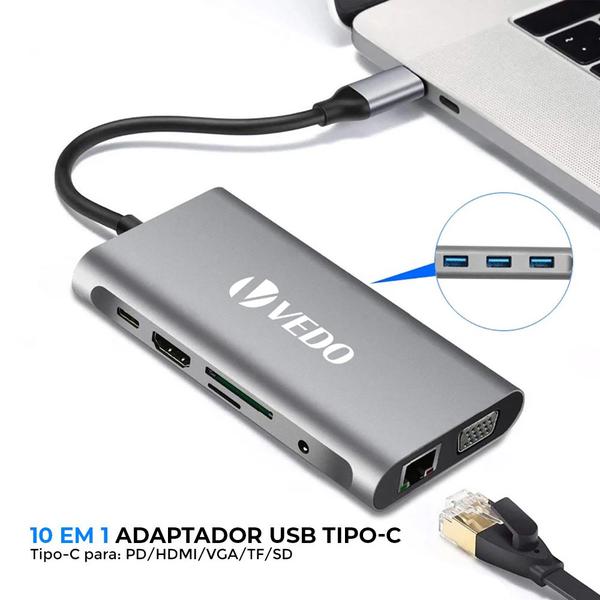 Imagem de Thunderbolt VEDO 10 em 1 4K HDMI 3 portas USB 3.0 LAN VGA, SD e TF USB C 