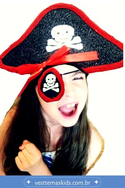 Imagem de tiara de pirata chapeu com fita decorativa e tapa olho para festa fantasia temática