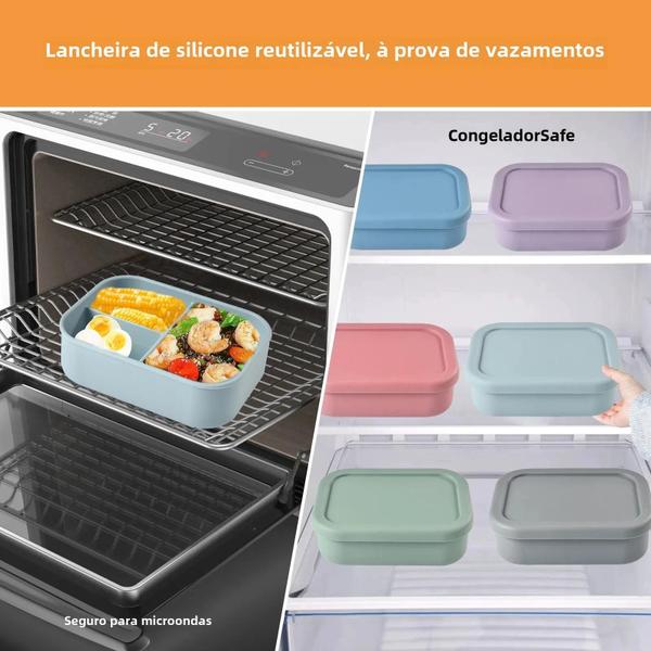 Imagem de Tigela De Arroz De Micro-ondas De Silicone De Qualidade Alimentar 700ml Com Tampa Lancheira Quadrada