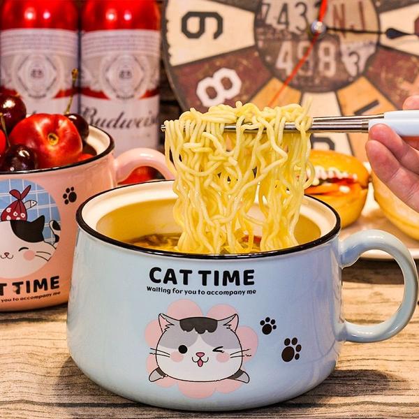 Imagem de Tigela de macarrão de gato com caneca de capa Grande Capacidade Casa Dormitório de Cerâmica Adorável Lancheira 1020ML com alça pode ser micro-ondas Tigelas