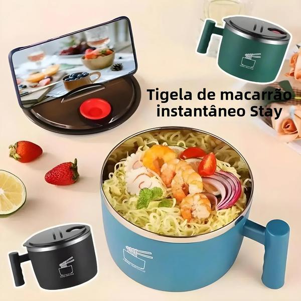 Imagem de Tigela De Macarrão Instantâneo Grande De Aço Inoxidável Com Tampa, Saída De Drenagem Fácil De Lavar