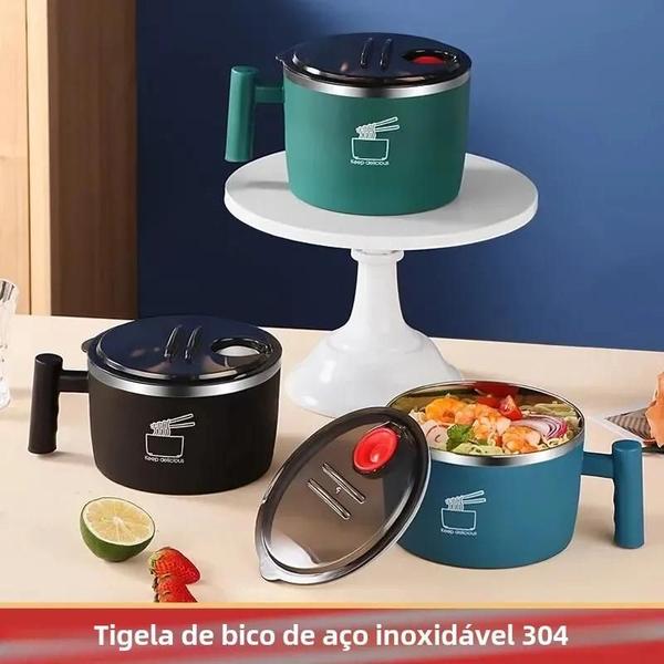 Imagem de Tigela Portátil de Aço Inoxidável com Tampa e Dreno para Macarrão Instantâneo