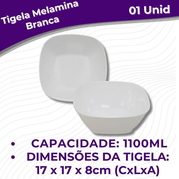 Imagem de Tigela Quadrada Lisa de Melamina Branca Leve Resistente - 1100mL - 17cm - Bestfer