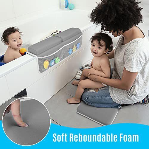 Imagem de Tiikiy Baby Bath Kneeler e Elbow Rest Pad para pais com banho de bebê, tapete de espuma indolor com bolsos organizadores de brinquedos suportam banheira grande, secagem rápida, antiderrapante para bebê e banho de criança (cinza)