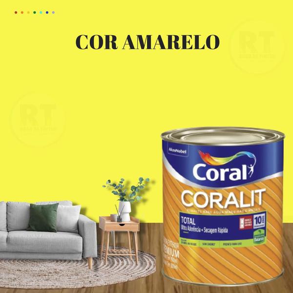 Imagem de Tinta Esmalte Sintético Base Água Cor Amarelo 800ml Coral Coralit Total Zero Brilhante p/Madeiras e Metais e Pintura em Artesanato de MDF.